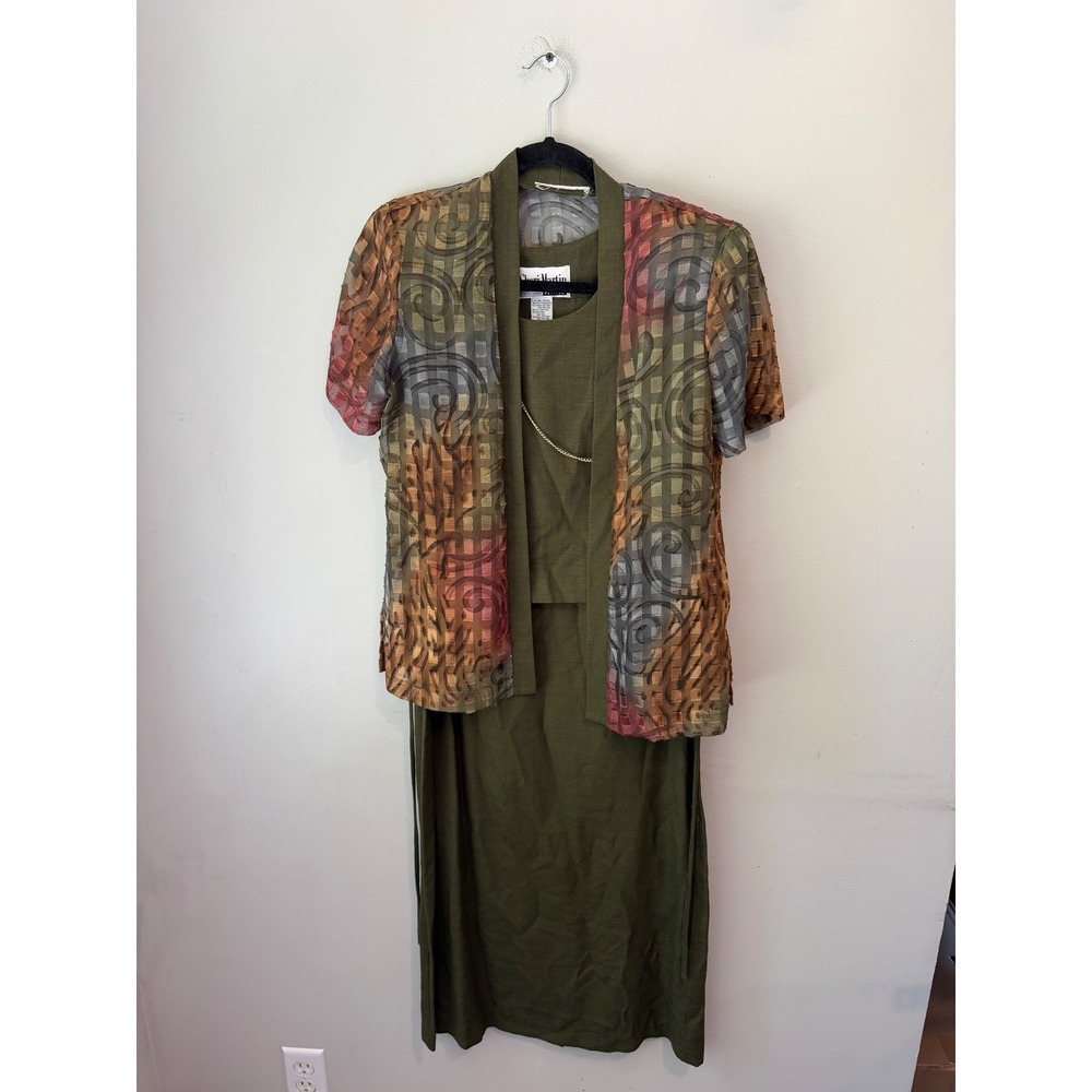 Sheri Martin Petites 2pc Dress Set Olive Green Burnout Jacket Size 4P Vintage